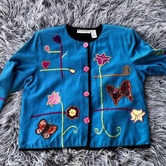 VTG Draper's & Damon's Button Up Jacket Applique Flowers Butterflies Petite M - Picture 8 of 11